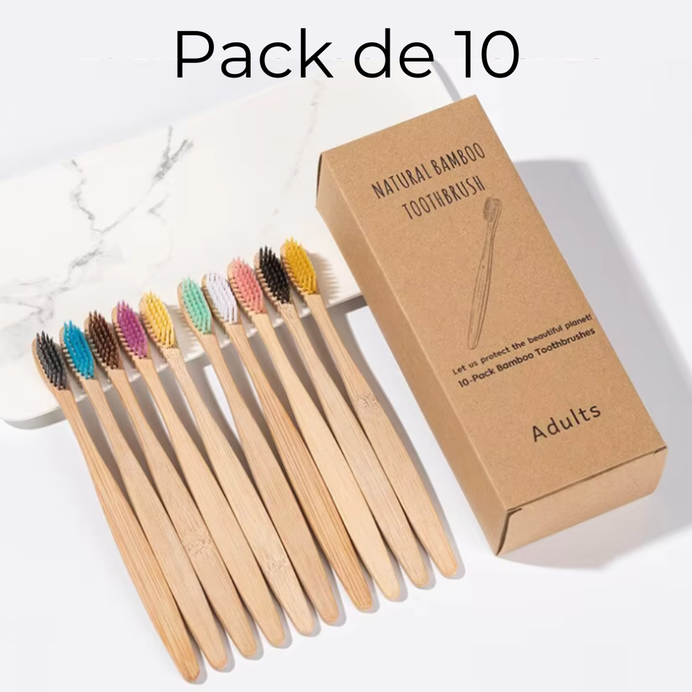 Pack de 10 Brosses à Dents en Bambou avec Enveloppe en Cuir Naturel – Écologique et Durable